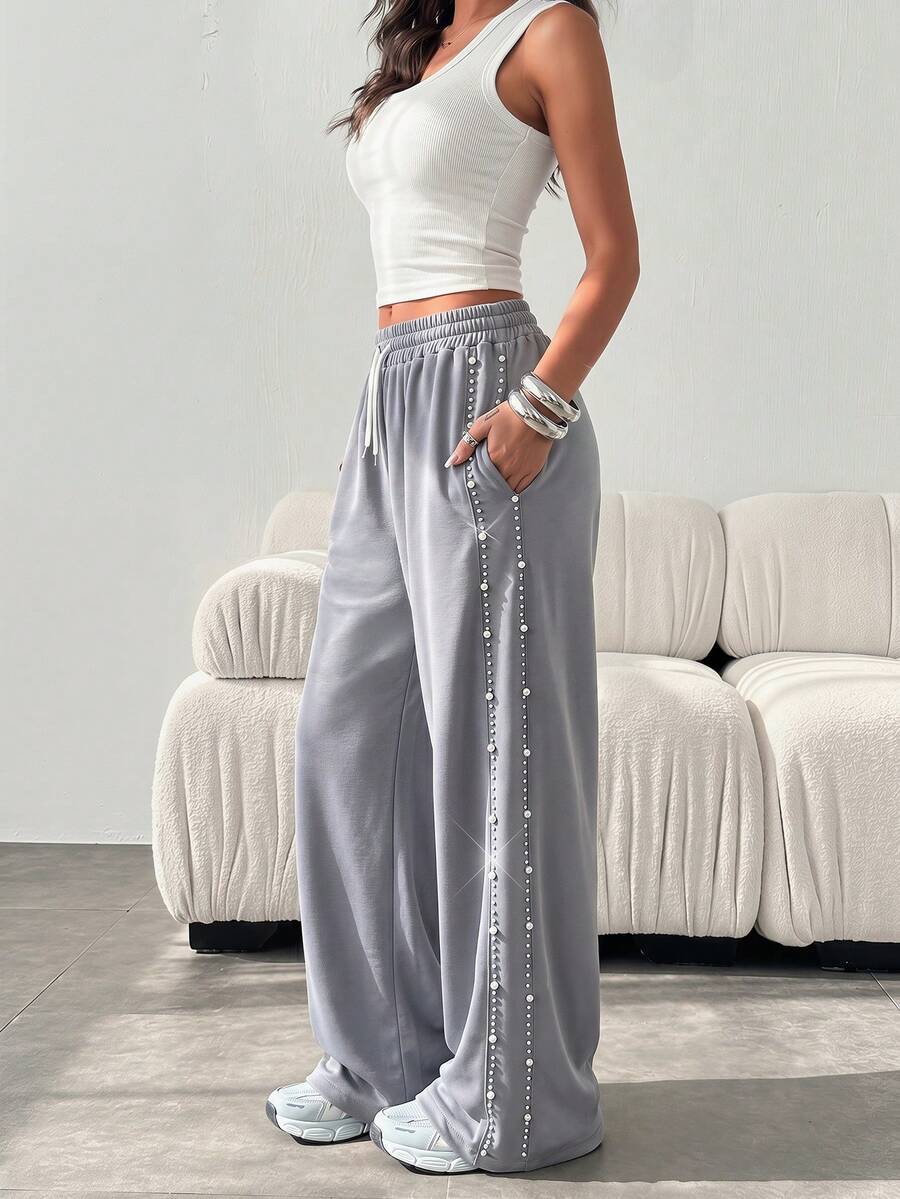 SHEIN Women, Spring, Summer Loose Fit Pearl Detail Drawstring Waist Wide-Leg Pants - Grey - View 1