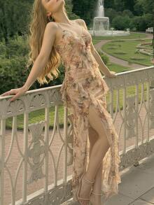 MOD Vestido largo de tirantes con cuello en V, parches, volantes, abertura alta y estampado floral teñido anudado - Multicolor 2 - Ver 9