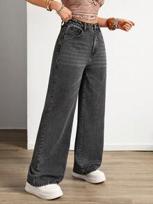 SHEIN ICON Calça jeans casual de corte reto e lavagem especial - Cinza escuro - Ver 5