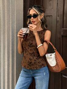 Pariaura Conjunto de camisa sin mangas y top de mujer con estampado floral diminuto - Detalle de lazo en la espalda fluida Elegante atuendo minimalista y versátil para la oficina casual y las vacaciones - Marrón - Ver 4