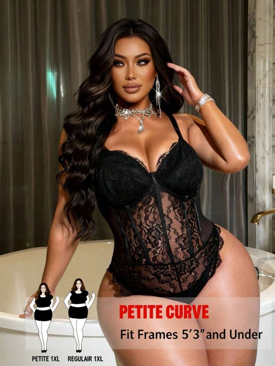 SHEIN PETITE CURVE 大码女式黑色蕾丝性感镂空前卫法式休闲青春时尚弹力针织百搭舒适打底连衣裙,性感正式礼服,性感社交/度假装,性感黑色胸衣,性感正式礼服,性感年轻优雅拼接性感上衣,性感社交/度假装,黑色上衣,黑色紧身衣,黑色胸衣,透视肩部修身纯色打底衫 - 黑色 - 查看 1
