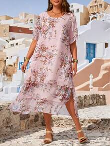 EMERY ROSE Plus Size Casual Dress, White Round Neck Unbutton Asymmetrical Flowy Hem, Bohemian Style, Suitable For Spring & Summer Summer Outfit For Women - Pink - View 5