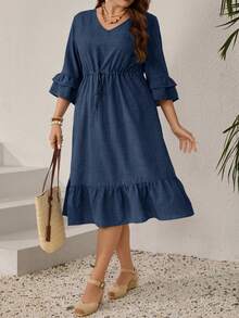 Miaspire Plus Size Women V-Neck Drawstring Waist Ruffle Hem Elegant Dress - Navy Blue - View 4