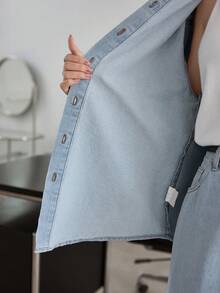 Dazy-Less Bộ đồ denim thường ngày dành cho nữ, gồm áo cổ đứng cài cúc đơn và quần dài. - Màu xanh lam - Xem 5