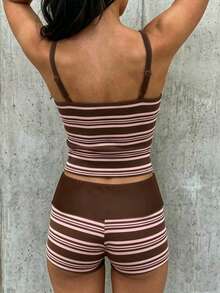 SHEIN EZwear 夏季撞色滚边吊带背心和短裤套装 - 粉色 - 查看 2