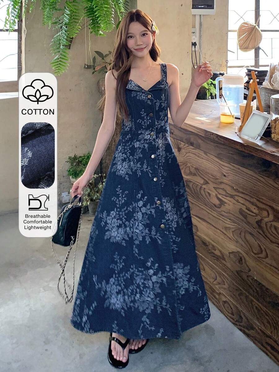 DAZY Đầm denim không tay in họa tiết toàn thân kiểu Bohemian dành cho nữ, thích hợp mặc đi biển. - Màu xanh lam - Xem 1