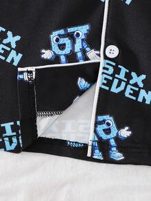 夏季青少年男童时尚“SIX SEVEN”卡通印花睡衣套装，Polo领开衫配白色滚边，短袖上衣+宽松短裤两件套，柔软透气面料，适合男童日常休闲居家穿着，宽松舒适的家居服，适合大龄儿童 - 黑色 - 查看 9