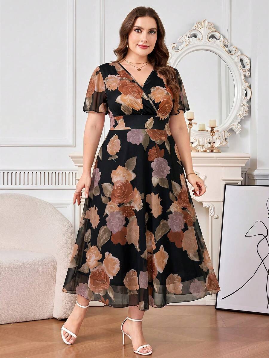 Reflora Plus Size Women Summer Vacation Floral Print Surplice Neck Cinching Waist Dress - Black - View 1