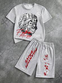 SHEIN Streecool Kids 2件套休闲简约青少年男童短袖圆领T恤+裤子套装，夏季Y2K风格骷髅印花短袖街头时尚T恤，青少年男童服装 - 灰色 - 查看 4