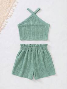 SHEIN 少女纯色露背上衣和短裤休闲日常穿搭 - 綠色 - 查看 5