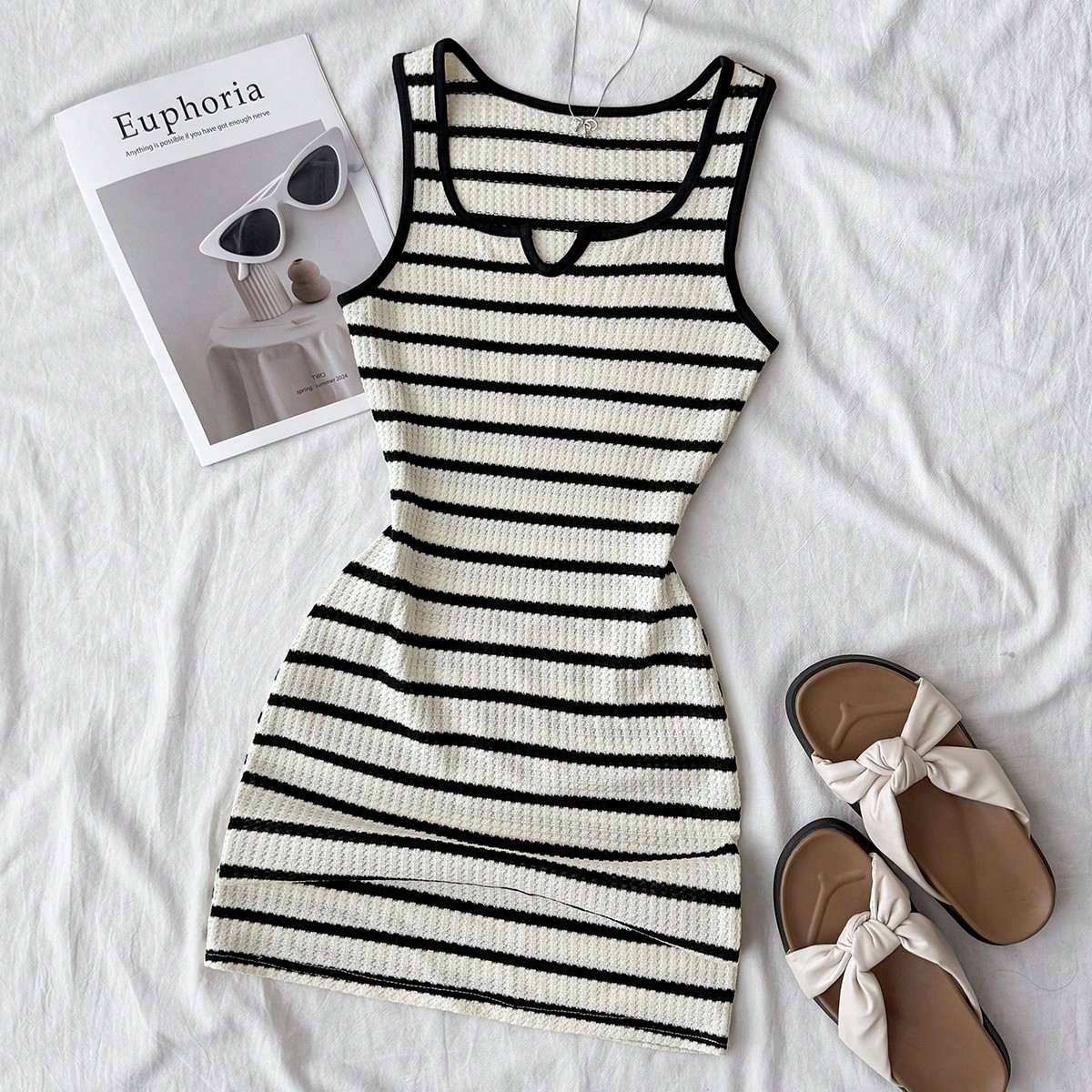 Vestido de tirantes de punto a rayas de estilo casual y vacacional para adolescentes