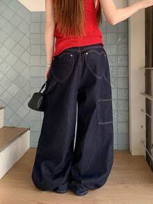 Dazy Tall Pantalones cargo de pierna recta y holgados para mujer, jeans de estilo casual de calle - Azul lavado oscuro - Ver 4