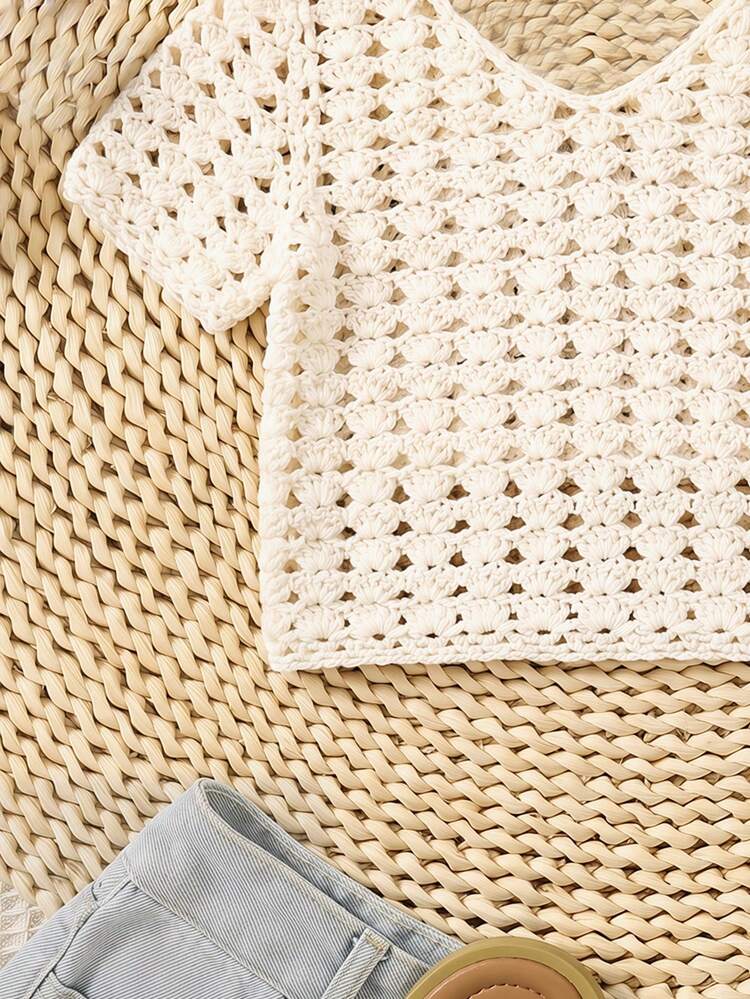 Young Girl Solid Color Hollow Out V-Neck Casual Sweater
