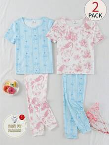SHEIN Bộ đồ 4 món mùa xuân hè mềm mại và thoải mái cho bé gái, thời trang ngọt ngào với họa tiết nơ và kỳ lân, áo tay ngắn ôm sát và quần dài mặc nhà. - Nhiều màu - Xem 1
