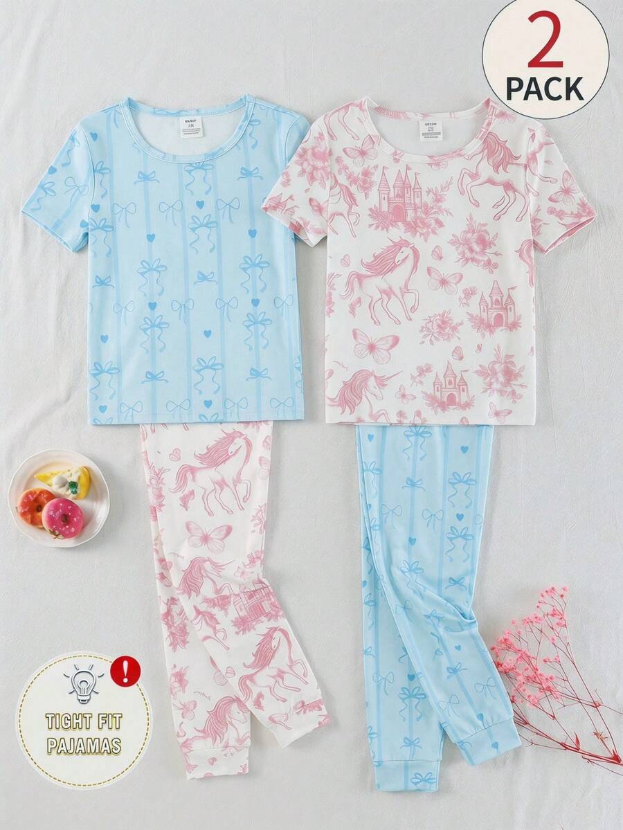 SHEIN Bộ đồ 4 món mùa xuân hè mềm mại và thoải mái cho bé gái, thời trang ngọt ngào với họa tiết nơ và kỳ lân, áo tay ngắn ôm sát và quần dài mặc nhà. - Nhiều màu - Xem 1