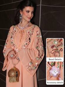 Layrah Đầm chiffon màu hồng sang trọng, thanh lịch, đính kết cầu kỳ, tay xòe, thích hợp cho mùa xuân/hè. - trái cam - Xem 3