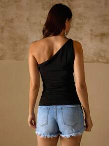 Swim Chiccia Sexy Bluse mit Metallschnalle, Schnürung, rückenfreiem Plissee-Design, figurbetont für Frauen - Schwarz - Übersicht 2