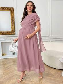 SHEIN Maternity Solid Color Pleated Casual Vacation Dress - Dusty Pink - View 6