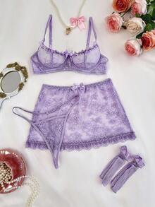 PetitDoll 5pcs Set: Sexy Lace Ruffle Plunge Dress & Fishnet Stockings - Mauve Purple - View 8