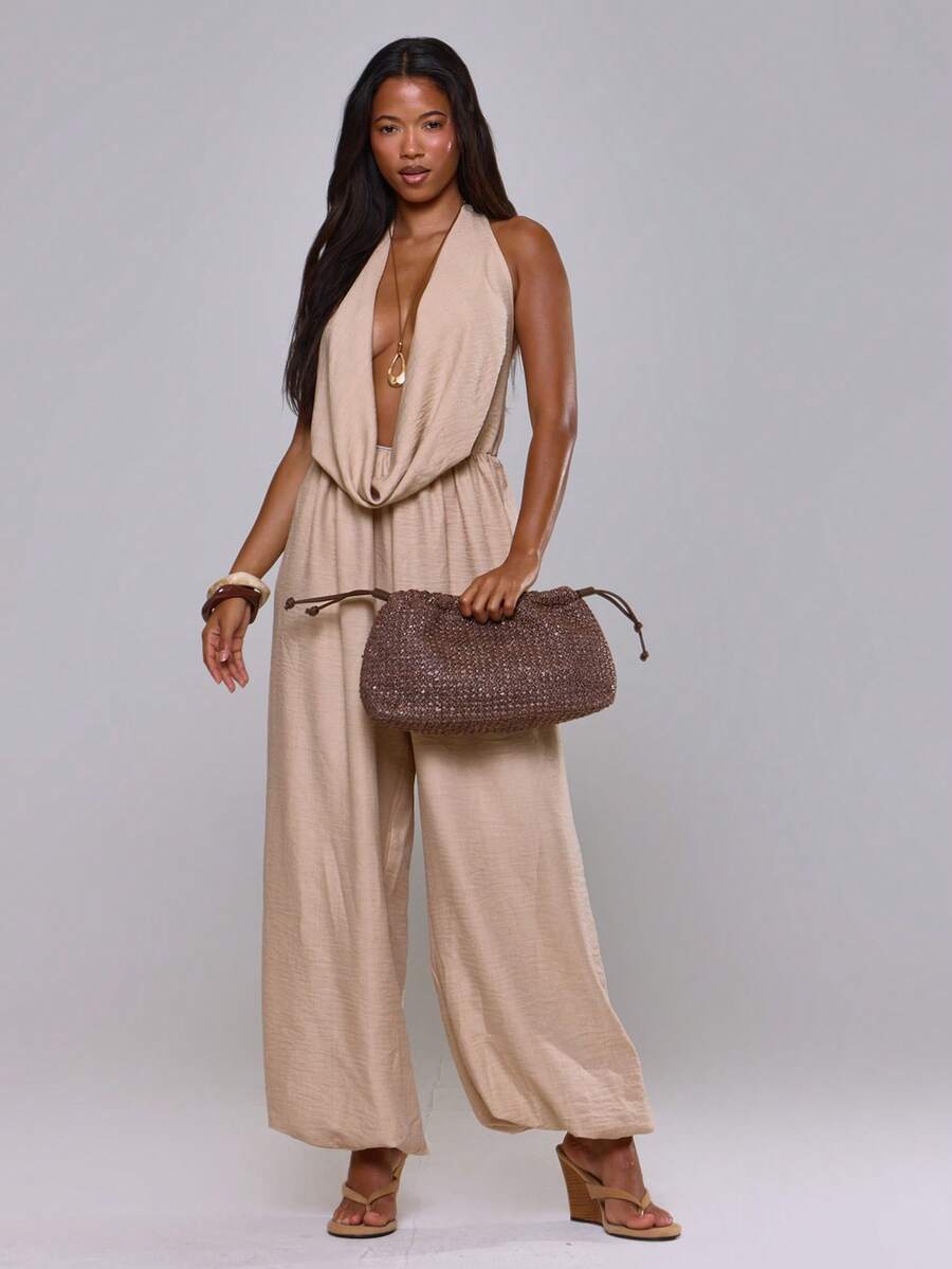 MUSERA MUSERA Bộ jumpsuit ống rộng, cổ đổ, xẻ sâu, thích hợp cho kỳ nghỉ hè, phong cách Ibiza, boho, thanh lịch và thường ngày. - Màu Khaki - Xem 1