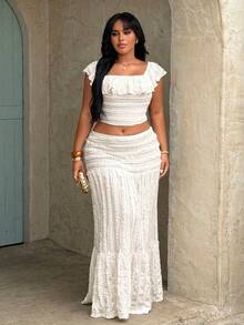 Rustia Conjunto de 2 piezas estilo francés chic blanco para verano, top corto con volantes + vestido casual versátil, estilo sexy de ocio, adecuado para vacaciones de verano - Blanco - Ver 5