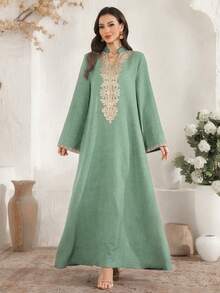 Al Najma Đầm kiểu Ả Rập thanh lịch, cổ chữ V, thêu hoa. - màu xanh lá - Xem 3