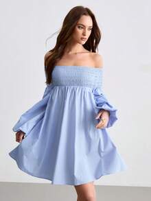 CielaLinda Robe mini à manches longues et épaules dénudées pour femmes - Bleu azur - Voir 3