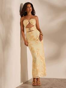 Opulessa Women's Pale Yellow Summer Strapless Hollow Out Fishtail Dress,Seductive Knit Fitted Mermaid Gown For Dinner,Elegant Beach Vacation Bohemian Outfits - Yellow - View 5