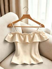 GlowEve CURVE Blusa elegante con volantes y hombros descubiertos para mujeres de talla grande - Albaricoque - Ver 2