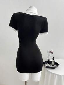Elamini Vestido ajustado de manga corta con cuello polo, combinación de encaje y contraste de color negro y blanco 2 en 1, estilo elegante y retro, adecuado para la temporada de graduación, estilo escolar, uso diario y oficina, color negro - Negro - Ver 2