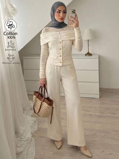 Elenzga Conjunto de 2 piezas de lino con hombros descubiertos, manga sin mangas y fruncido, elegante y de moda para mujer, primavera/verano