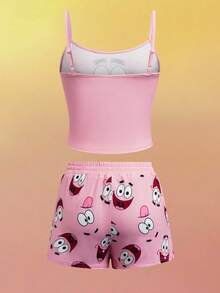 SpongeBob SquarePants | SHEIN Bộ đồ ngủ nữ in hình hoạt hình, áo hai dây và quần short, kiểu dáng thường ngày, thích hợp mặc ở nhà. - Hồng - Xem 2