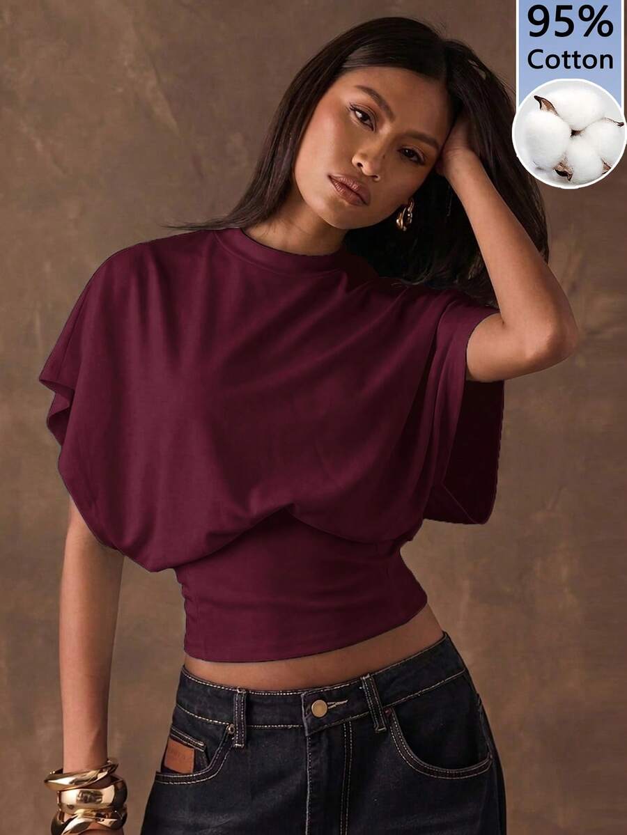 SHEIN BAE 95%纯棉短袖T恤,酒红色,适合夏季穿着 - 彩色 - 查看 1