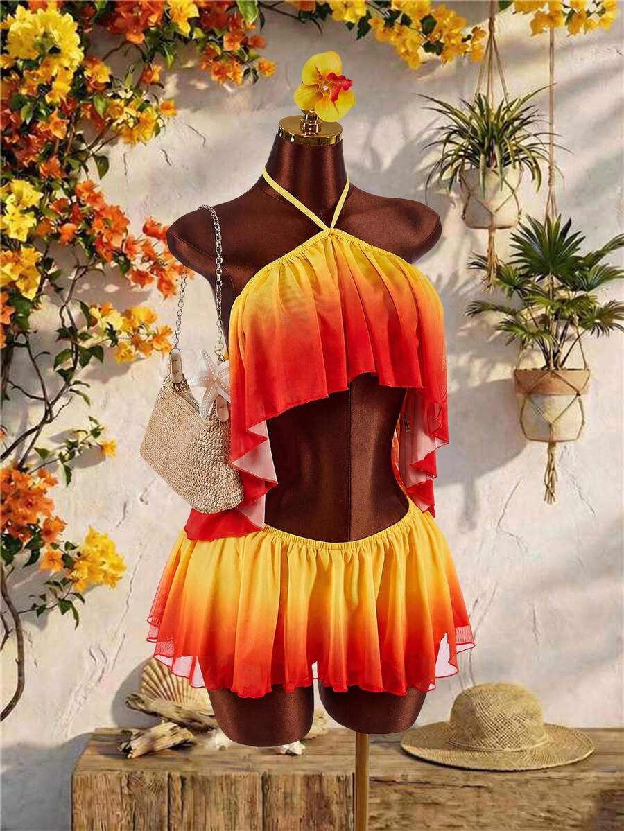 Amplova Setelan 2 Potong Gaya Boho Musim Panas Oranye dan Kuning untuk Liburan Pantai Tropis bagi Wanita, Rok Mini Camisole Pendek dengan Hem Bergelombang, Pakaian Bodycon untuk Festival, Pesta - Coklat - View 1