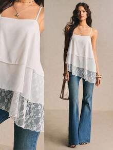 Poéselle Top de tirantes de mujer de unicolor con volantes multicapa y encaje - Blanco - Ver 1