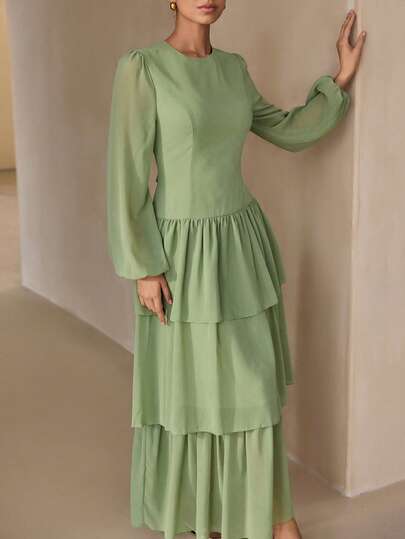 Graceveil Elegant Olive Green Multi-Layer Chiffon Arabian Dress