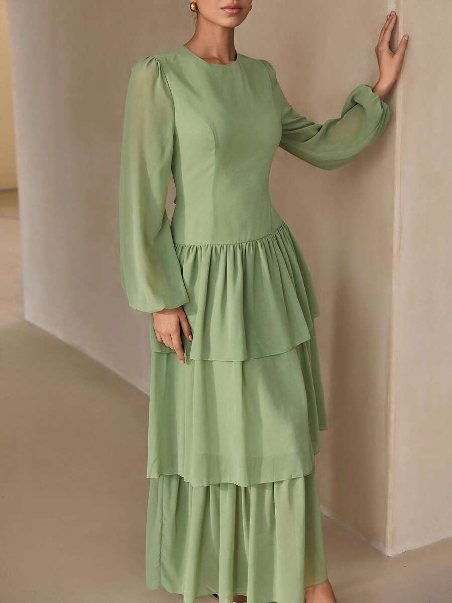 Graceveil Đầm Ả Rập nhiều lớp bằng chiffon màu xanh ô liu thanh lịch - Màu xanh Ô liu - Xem 1