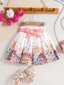 SHEIN Váy xếp ly in hoa màu hồng thanh lịch cho bé gái - trắng - Xem 1