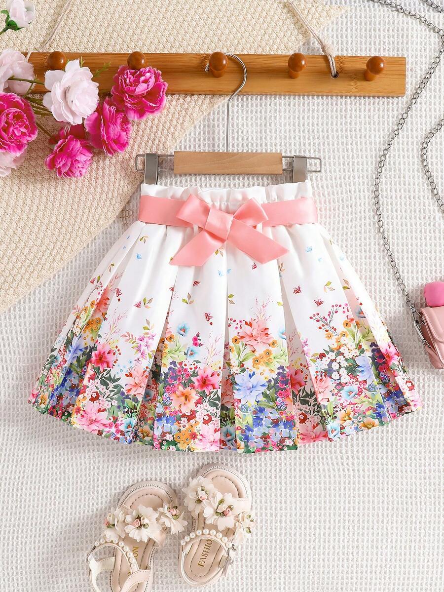 SHEIN Váy xếp ly in hoa màu hồng thanh lịch cho bé gái - trắng - Xem 1