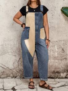 EMERY ROSE EMERY ROSE Mono peto informal con bolsillo y contraste de color para tallas grandes - Azul - Ver 5
