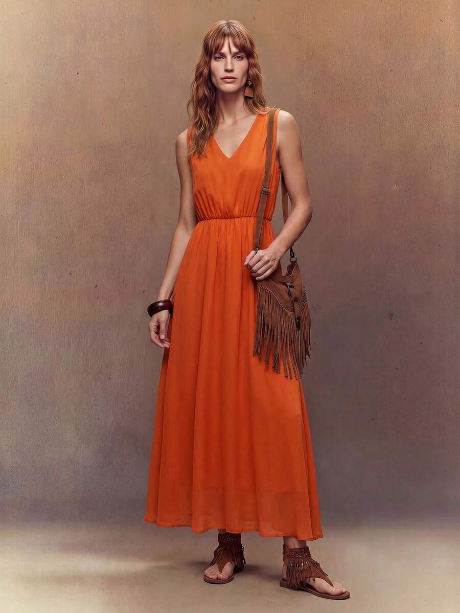 Fembélia 2026 New Chiffon Sleeveless Dress, Suitable For Spring/Summer Vacation - Orange - View 1