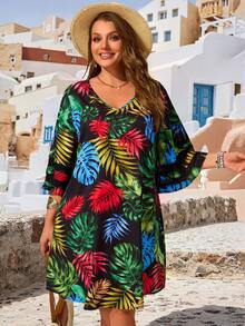 EMERY ROSE Plus Size Summer Vacation Leaf Print V-Neck Loose Fit Dress - Black - View 1