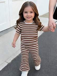 Conjunto informal de niña bebé de camiseta a rayas y pantalones acampanados, adecuado para el verano - Blanco - Ver 6