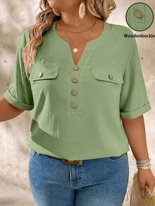 EMERY ROSE Plus Size Casual Notched Collar Wood Button Decor Short Sleeve Shirt - Mint Green - View 1