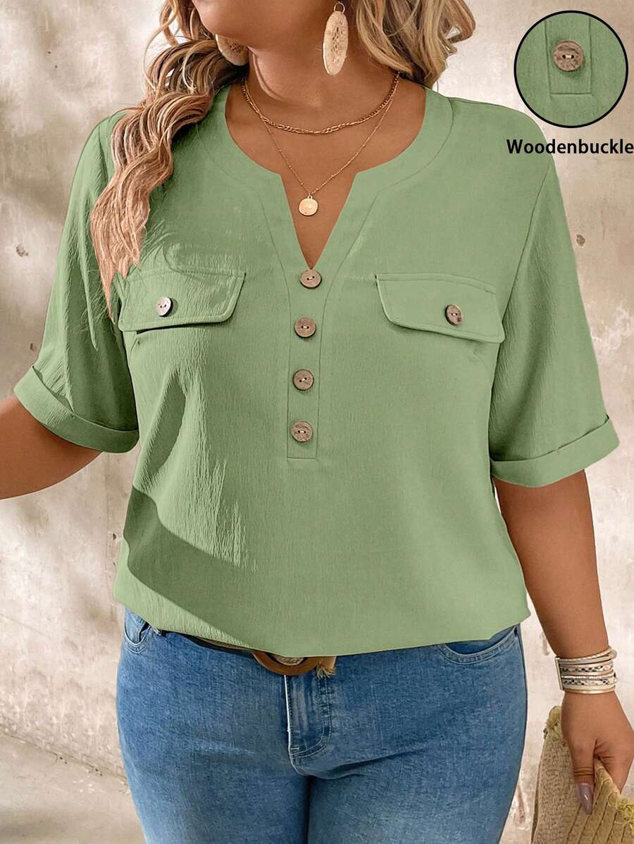 EMERY ROSE Plus Size Casual Notched Collar Wood Button Decor Short Sleeve Shirt - Mint Green - View 1