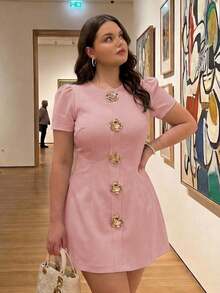 MOD Vestido de chaleco vintage glamoroso para mujer de talla grande con acentos de rosa metálico - Perfecto para estética, look preppy, citas, fiestas, vacaciones, té, cumpleaños, oficina y viajes, con aire de dinero antiguo.Primavera/Verano - Rosa - Ver 9