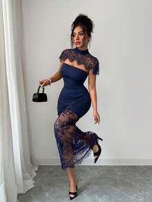 SHEIN Elenzya Elegant Solid Color Lace Patchwork Summer Dress - Navy Blue - View 5