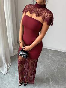 SHEIN Elenzya Women's Contrast Lace Hollow Out Design Fitted Elegant Dress - Burgundy - View 6