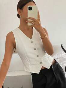 Livesso Women's V-Neck Sleeveless Denim Vest - White - View 2