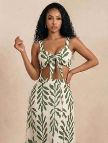 Eryvara Conjunto de ropa de vacaciones sexy para mujer, top corto con tirantes finos y nudo delantero, y falda con estampado floral y abertura en el bajo, para primavera/verano - Multicolor - Ver 6